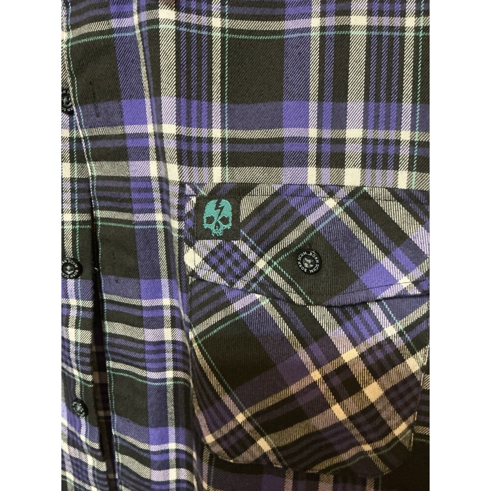 Born Scum "Bottom Feeder" Purple Black Plaid Flannel Shirt Mens 2XL Heavyweight - Picture 2 of 5